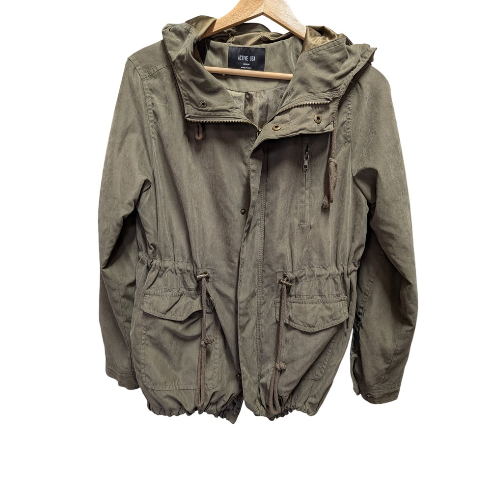 Active USA Anorak Jacket Womens Medium Olive Green Excellent Hooded Utility